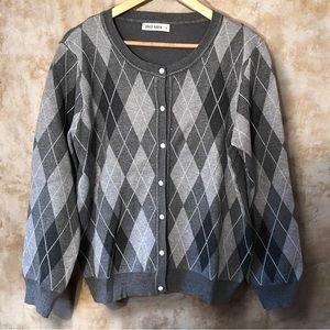 Grace‎ Karin Grey & White Argyle Pattern Button Front Cardigan